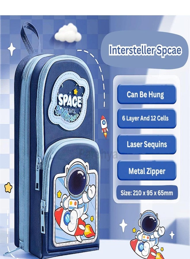 براند كونكور مقلمة قماشية فاخرة من ماركة كونكر، قابلة للتعليق، 6 طبقات مع 3 أقسام، مقلمة أنيقة وجذابة للبنات، حقيبة أقلام كبيرة السعة للأطفال، هدية أدوات مكتبية لطيفة للأطفال (رحلة فضائية). - Image 2